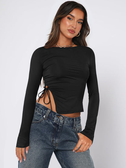 Off Neck Slit Lace up Top