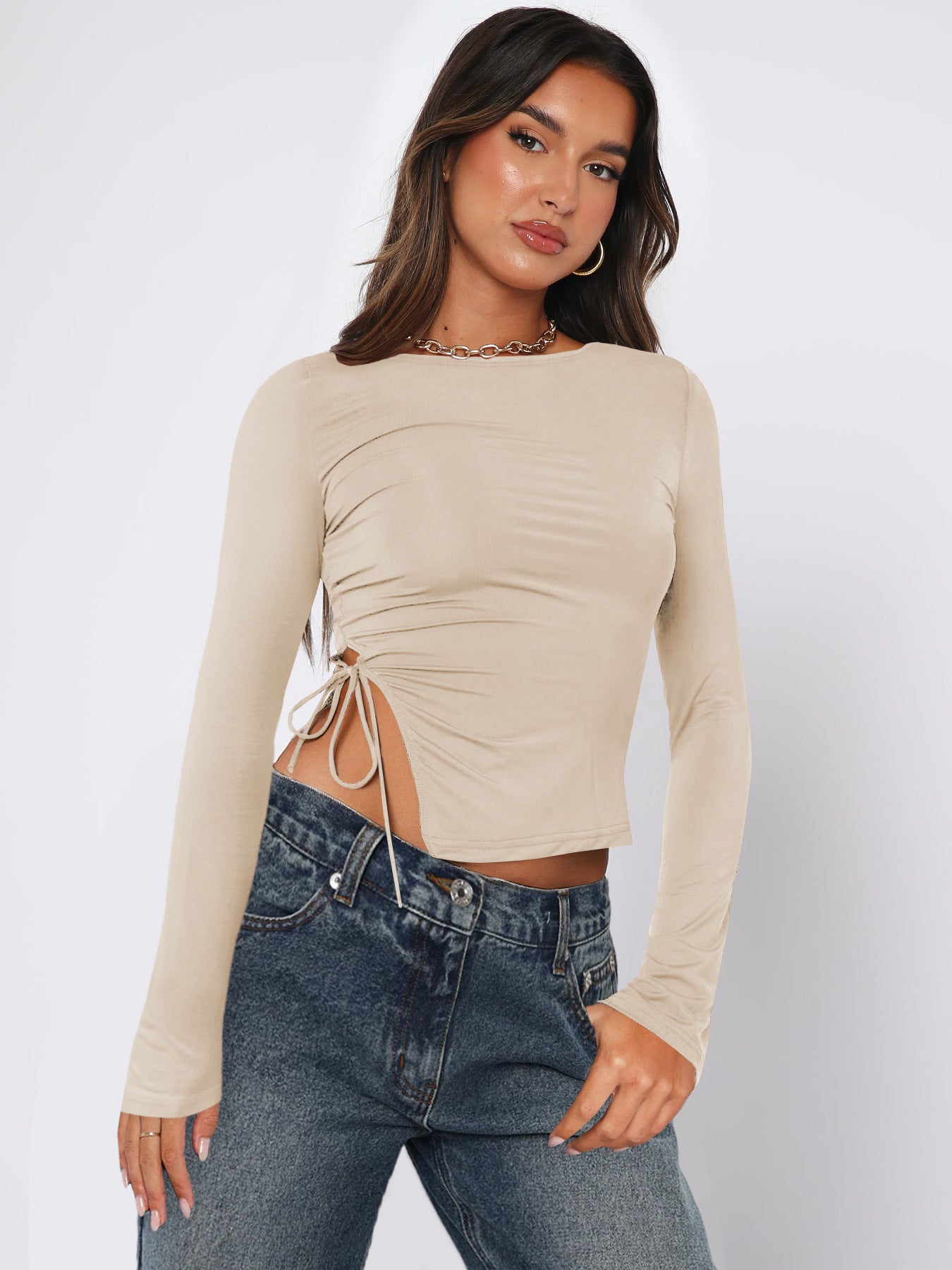 Off Neck Slit Lace up Top