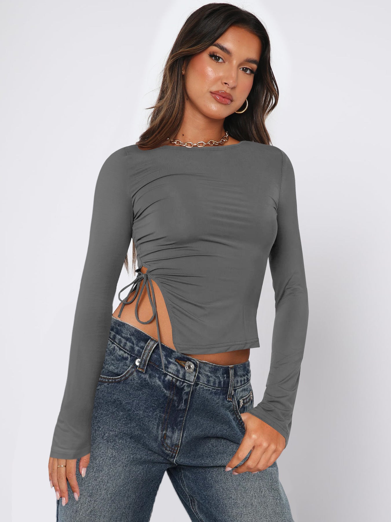 Off Neck Slit Lace up Top