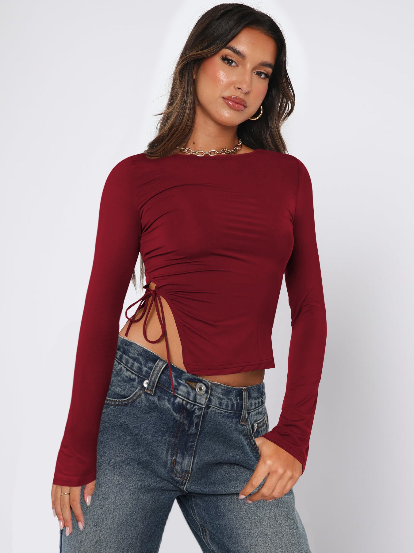 Off Neck Slit Lace up Top