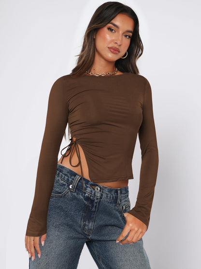 Off Neck Slit Lace up Top