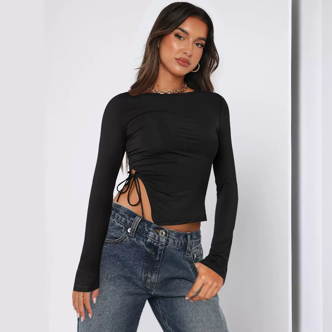 Off Neck Slit Lace up Top