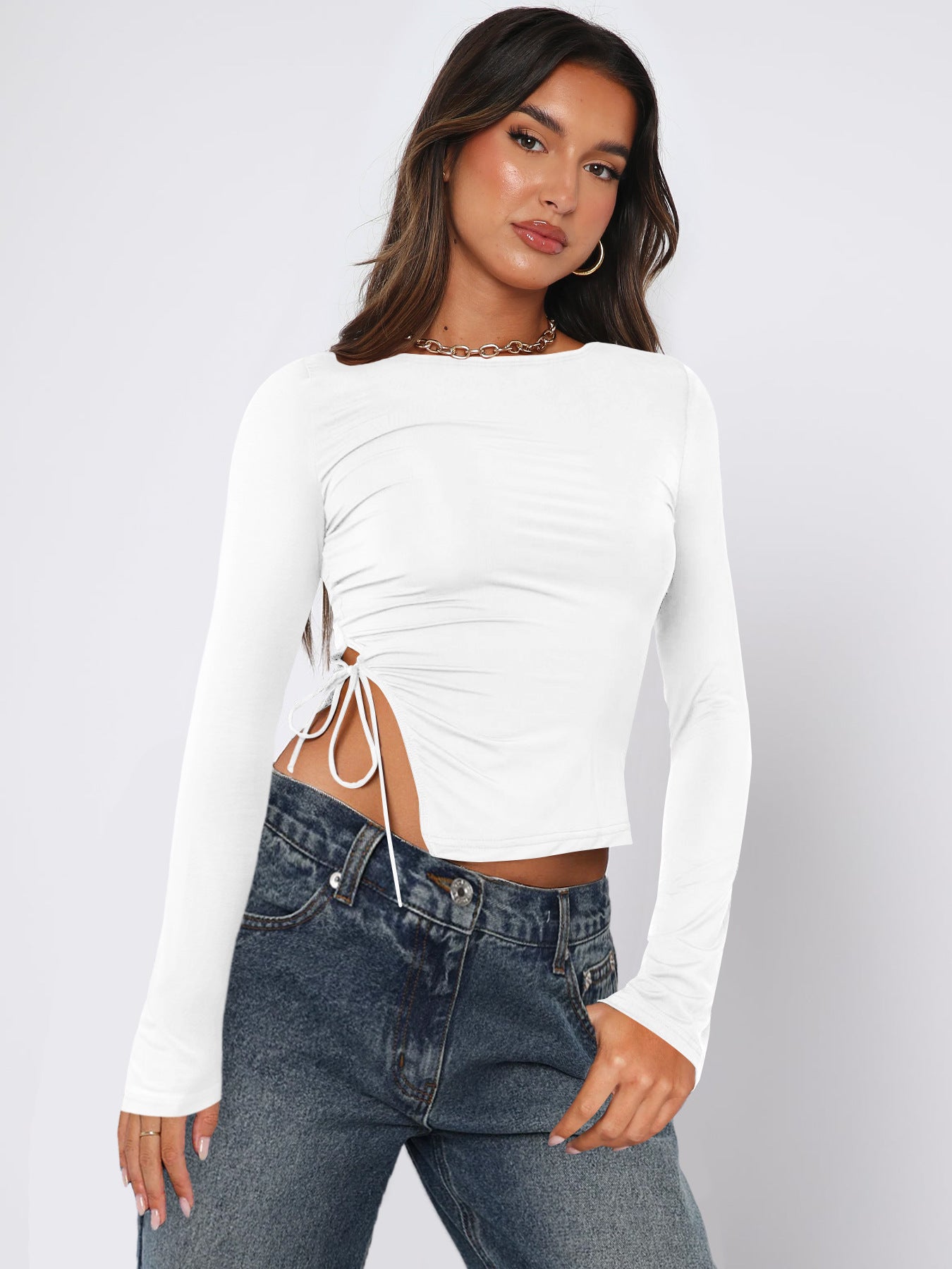 Off Neck Slit Lace up Top