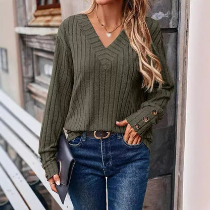 Sunken Stripe V neck Long Sleeved Sweater